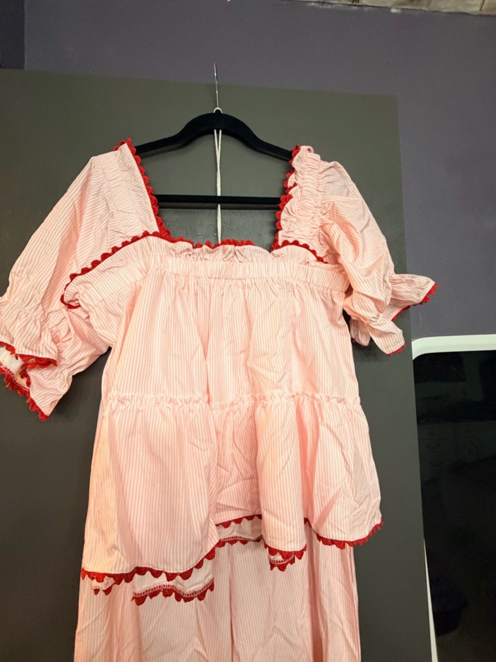 Pink Ruffle Two-Piece Pajama Set with Red Trim - Picture 3 of 4